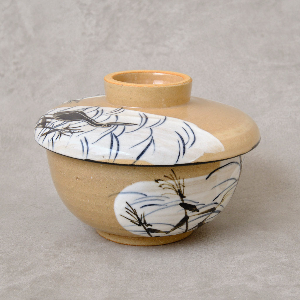 銹絵染付蓋付碗 葦鶴紋 ・酸化焼成（清水焼・乾山写） | 宮本 博