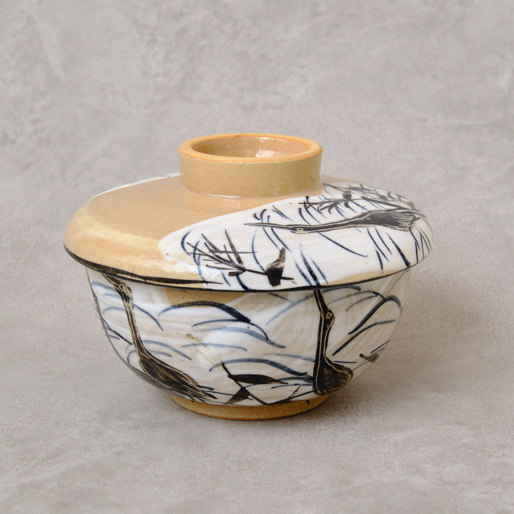 銹絵染付蓋付碗 葦鶴紋 ・酸化焼成（清水焼・乾山写） | 宮本 博