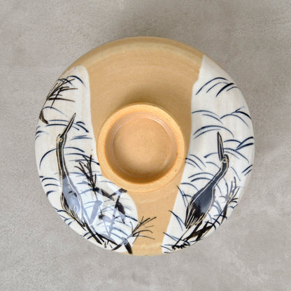 銹絵染付蓋付碗 葦鶴紋 ・酸化焼成（清水焼・乾山写） | 宮本 博