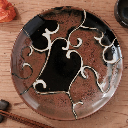 [ 村澤 享 ] 柿釉抜絵7寸・中皿① - 益子焼