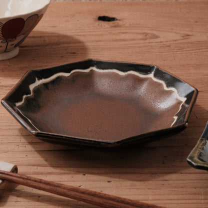 [ 村澤 享 ] 波縁取り八角6寸中鉢 柿黒釉 - 益子焼