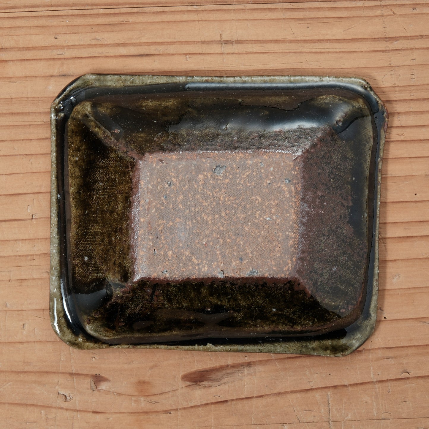 [ 田尾 明子 ] 色釉角小鉢 飴‐織部 幅約11cm