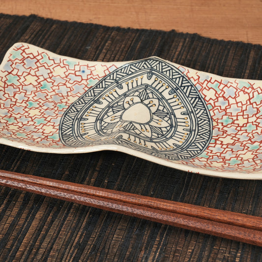 [ 加藤 喜道 ] 2ツ仕切りplate 幅約21.5cm 赤絵・金彩 B