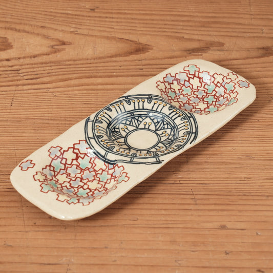 [ 加藤 喜道 ] 3点薬味plate 幅約18cm 赤絵・金彩 A