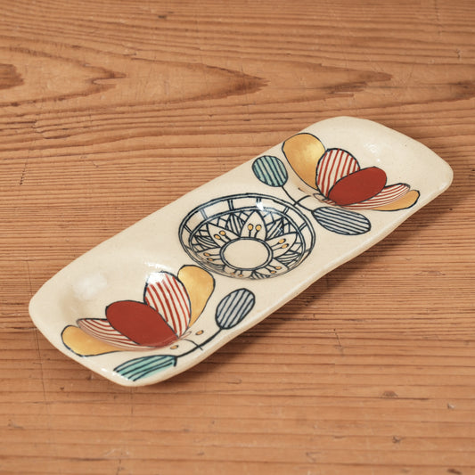 [ 加藤 喜道 ] 3点薬味plate 幅約18cm 赤絵・金彩 D