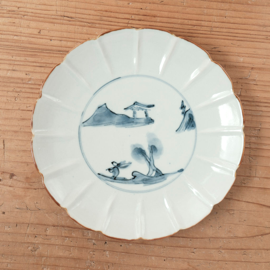 [ 柳川 謙治 ] 染付 輪花唐人文七寸皿