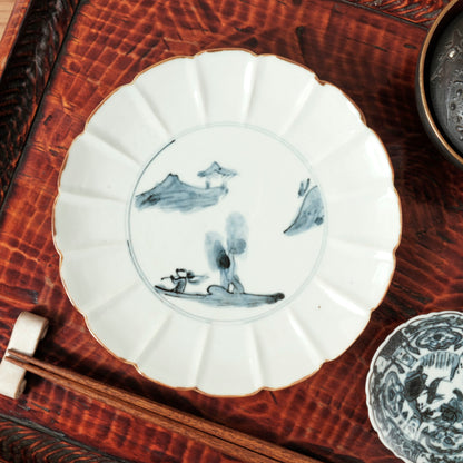 [ 柳川 謙治 ] 染付 輪花唐人文七寸皿