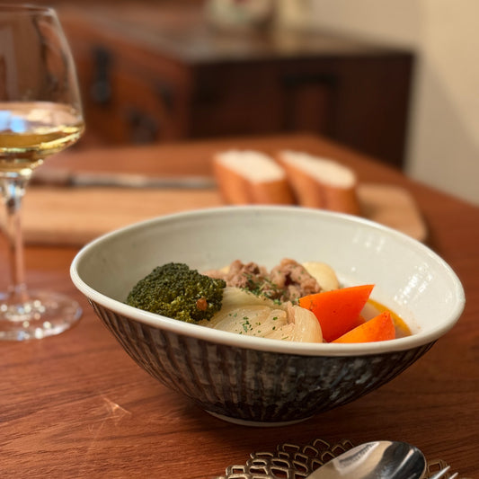 [ 柳川 謙治 ] 染付 瑠璃地鎬 楕円カレー鉢