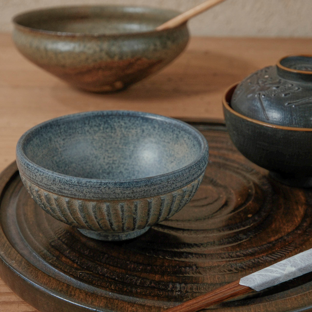 [ 出口 結莉 ] 陶胎漆器 飯碗-青